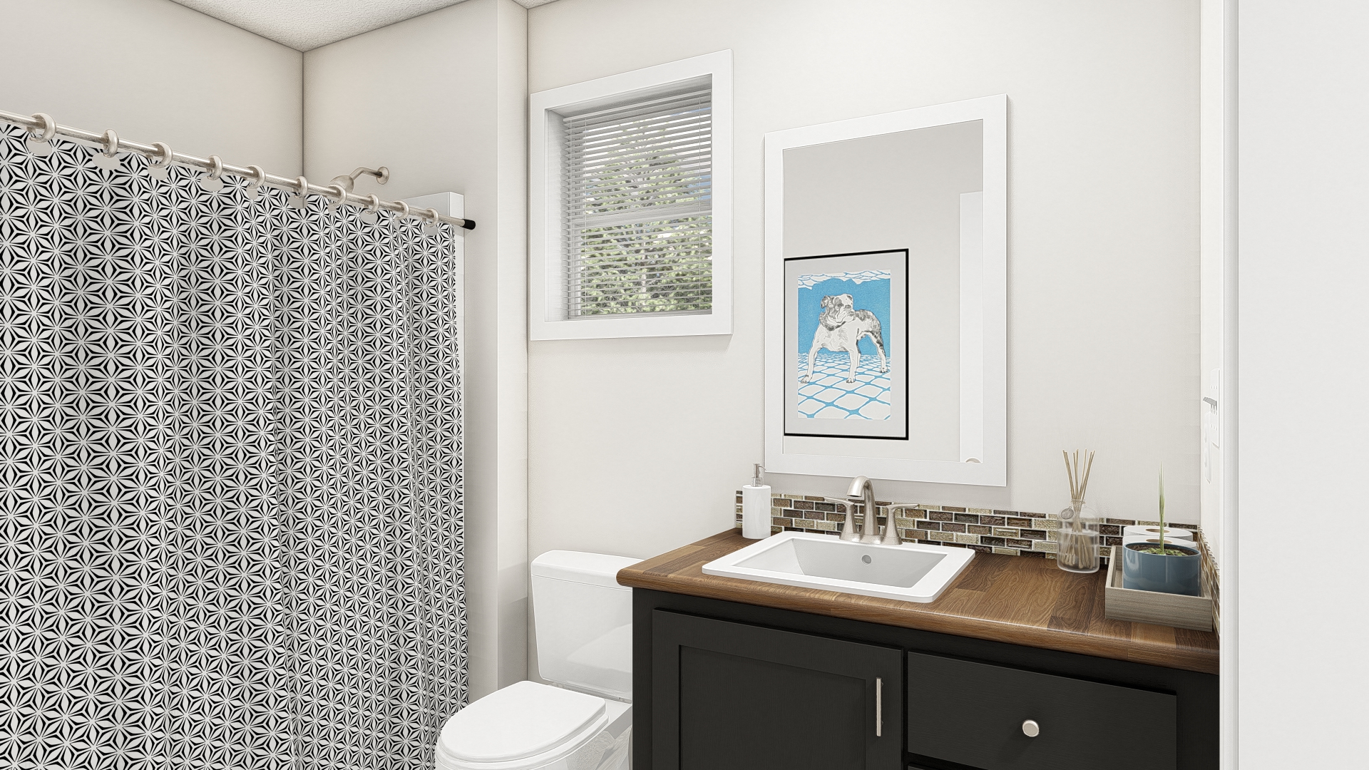 The DRM301P 2030' DREAM Guest Bathroom. This Manufactured Mobile Home features 1 bedroom and 1 bath.